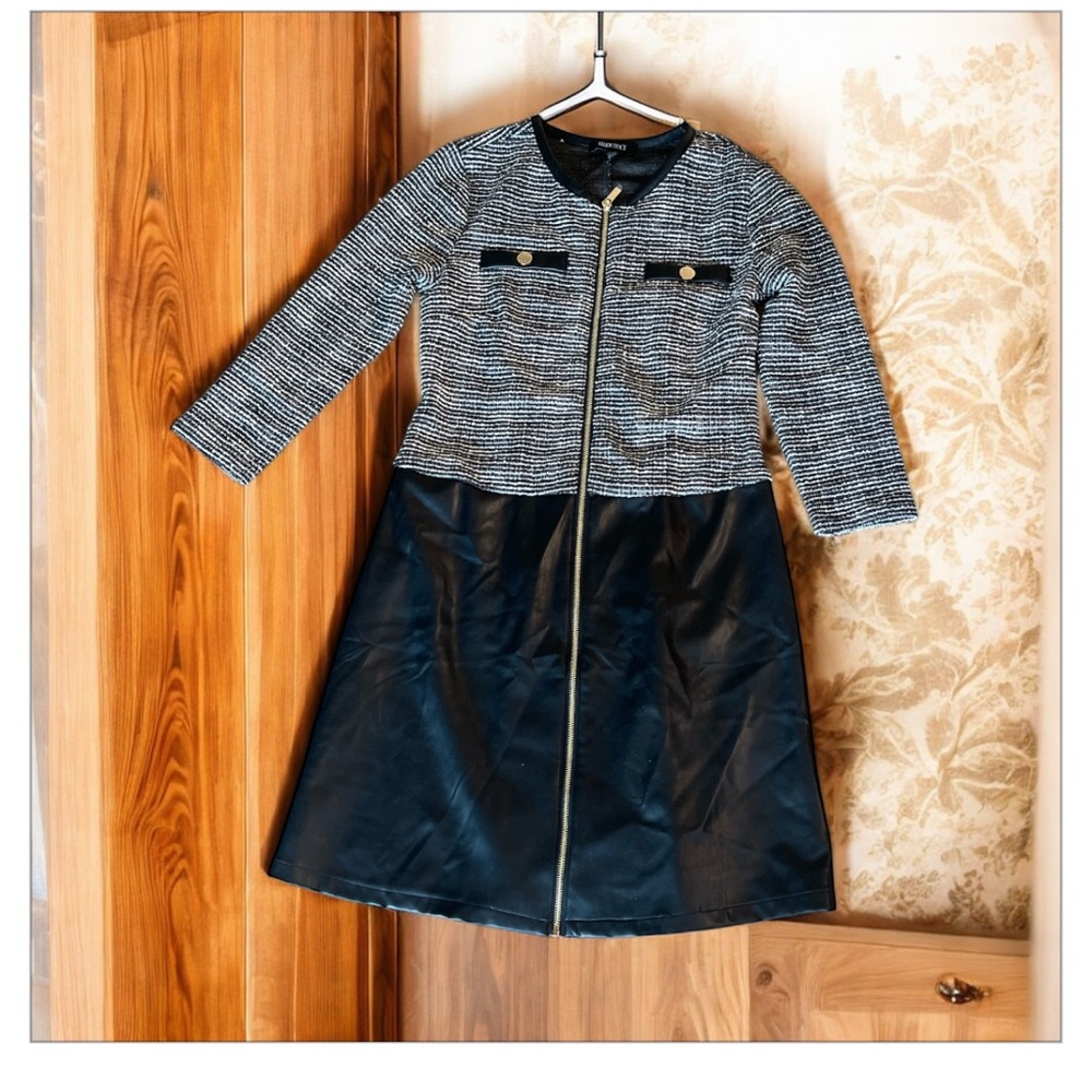 Ellen Tracy Black and Gray Trench Tweed Dress